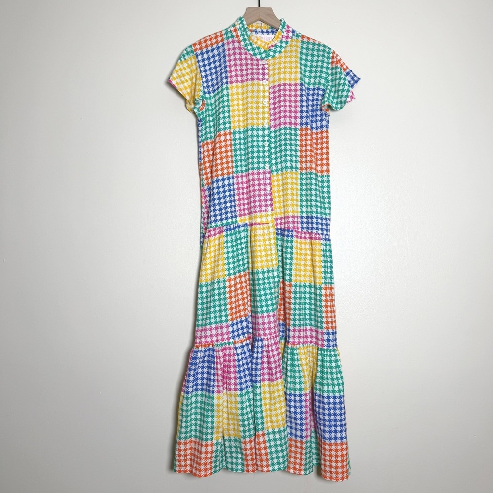 Briton Court Multicolor Patchwork Cotton Poplin Tiered Maxi Dress M Preppy Boho - Picture 2 of 10
